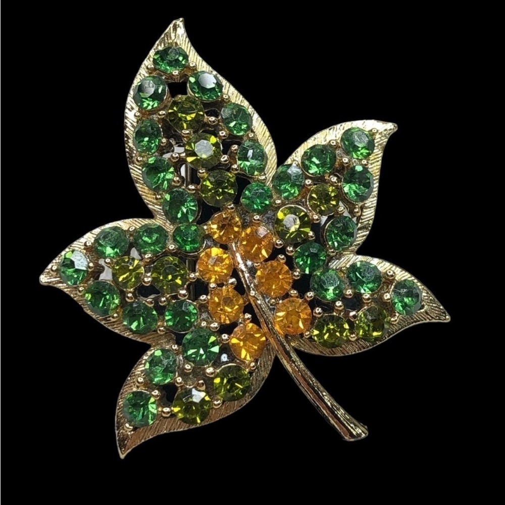 Vintage Shades of Green Rhinestone Leaf Pin